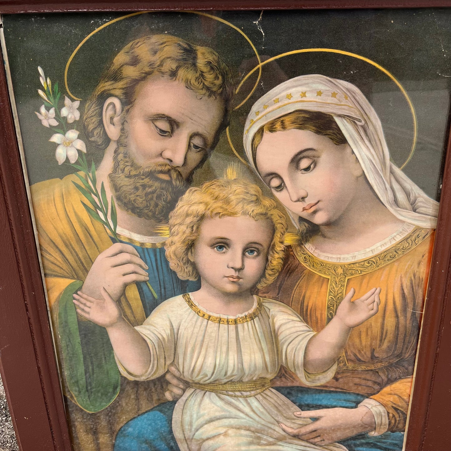 1950s “Holy Family” lithograph in original frame. (Some water damage)
