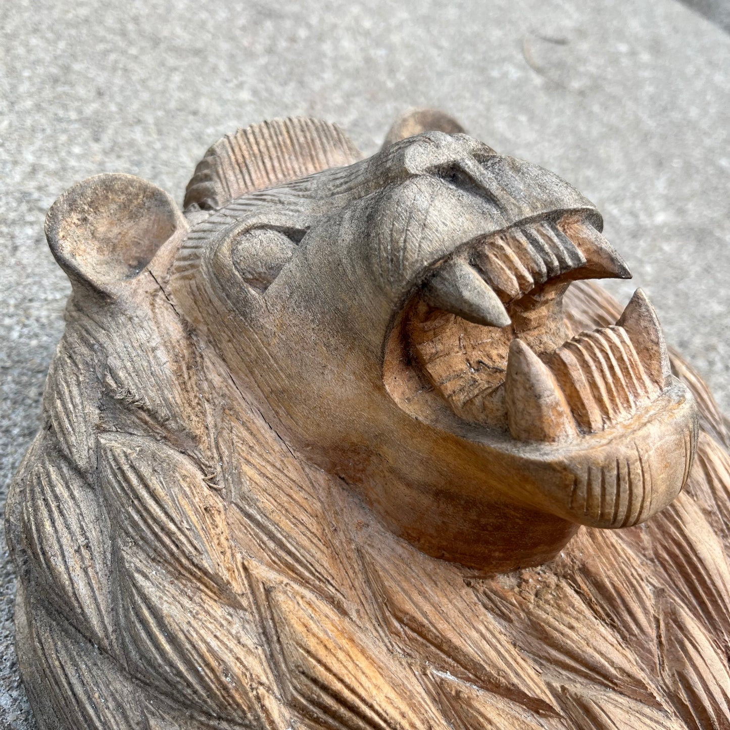 Vintage hand carved wooden growling lion.