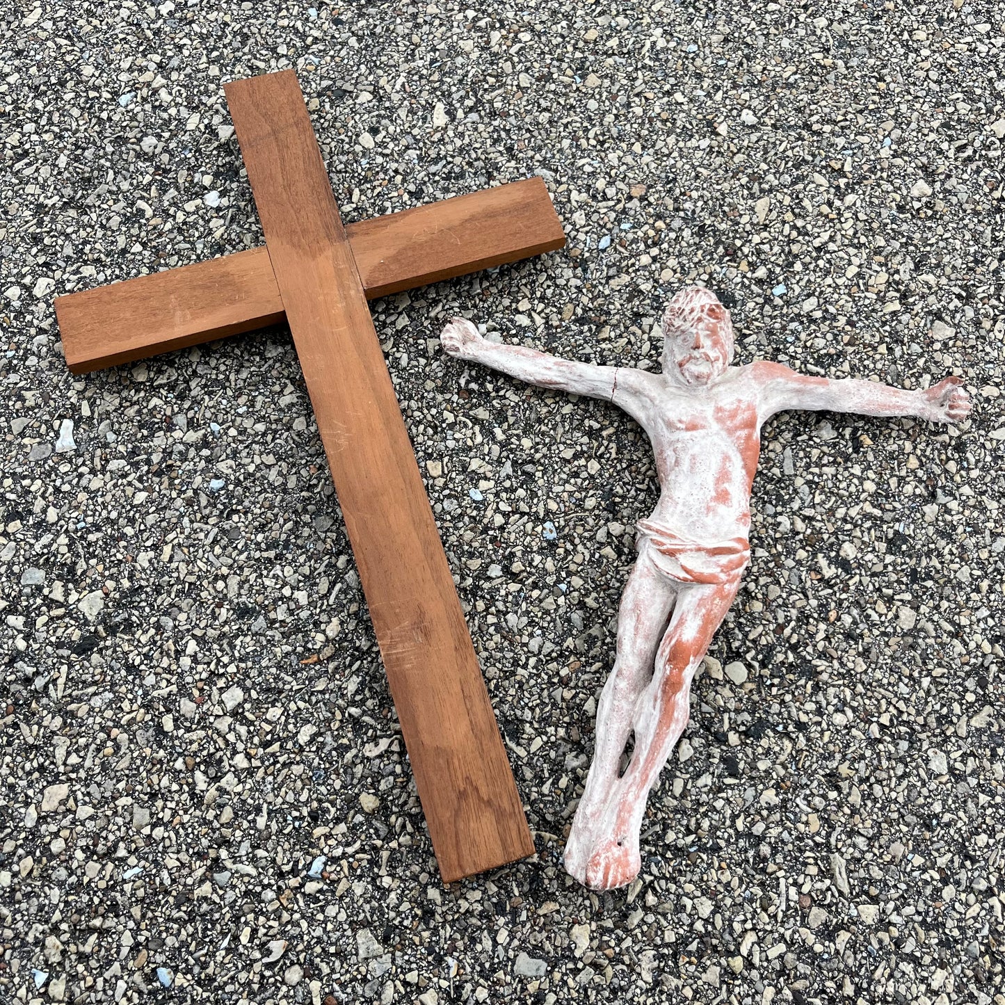 Vintage two piece clay crucifix.