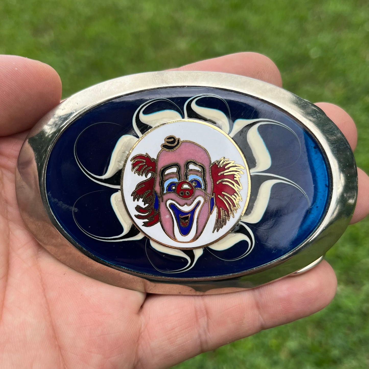 Y2K Circus clown belt buckle.