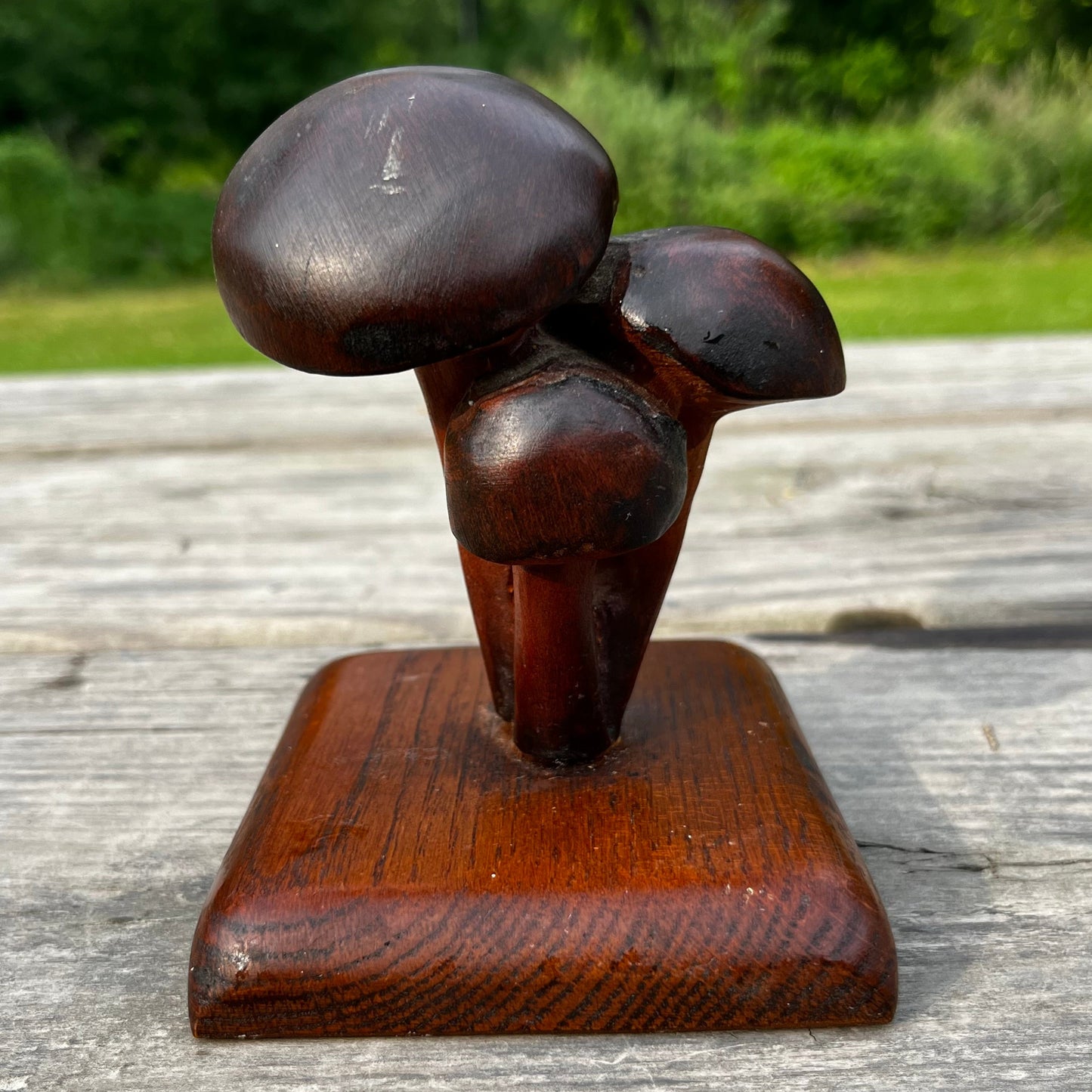 Vintage hand carved wooden mushrooms.