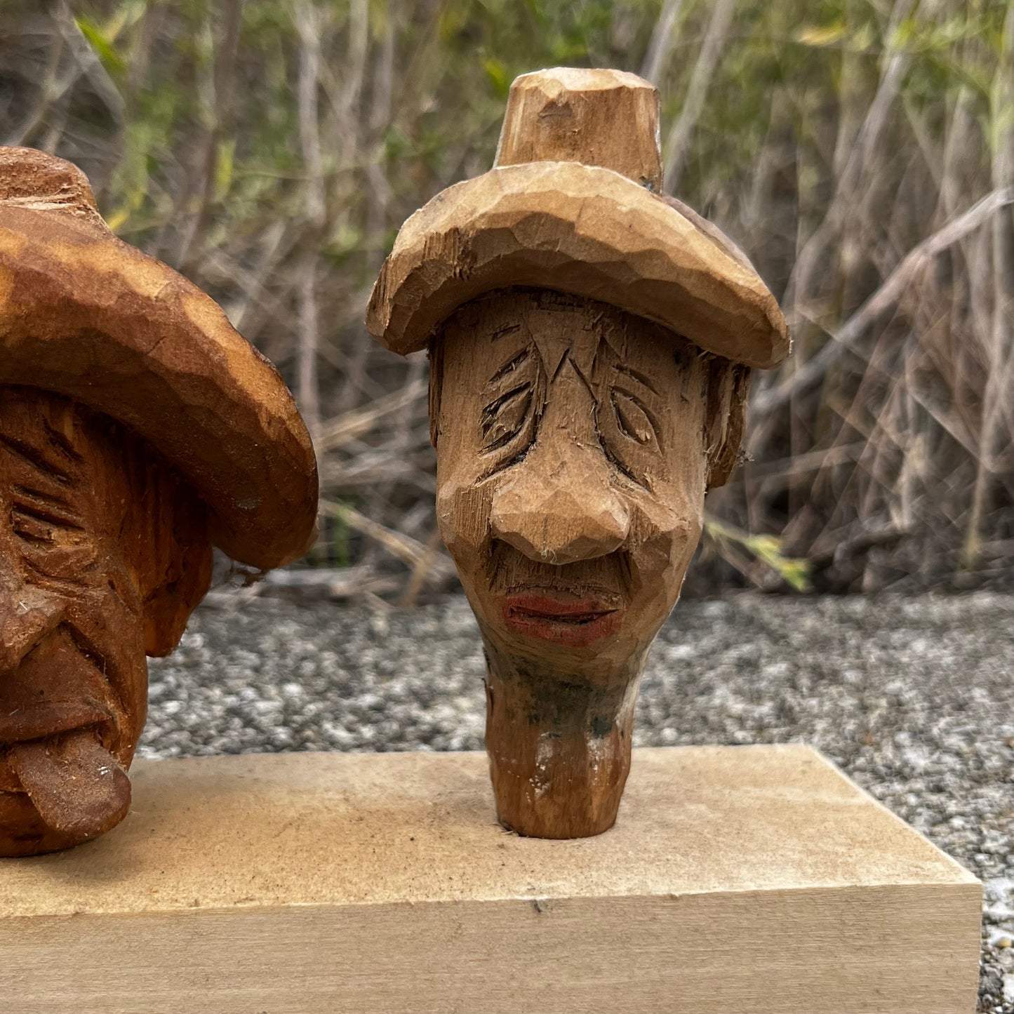 Hand carved silly faces.