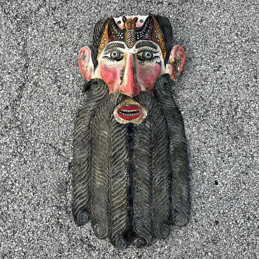 Early 1950s metal ceremonial Bat Barbones (bearded old man) mask.