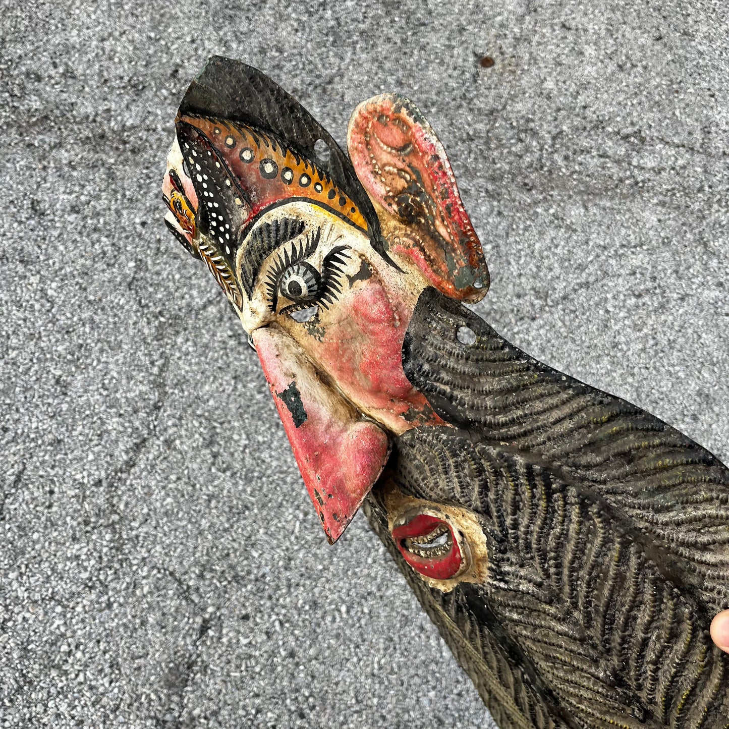 Early 1950s metal ceremonial Bat Barbones (bearded old man) mask.