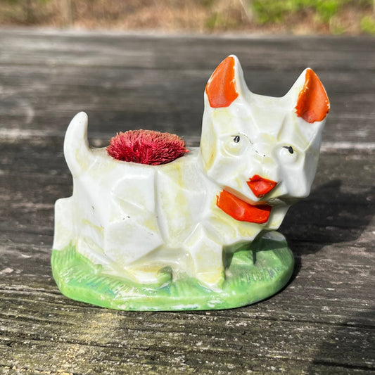 1940s Lusterware pup pin cushion holder.