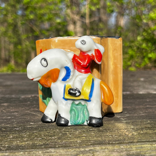 1940s Lusterware ram riding rabbit planter.