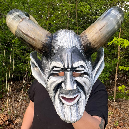 Vintage Hand crafted Krampus mask with real bull horns.