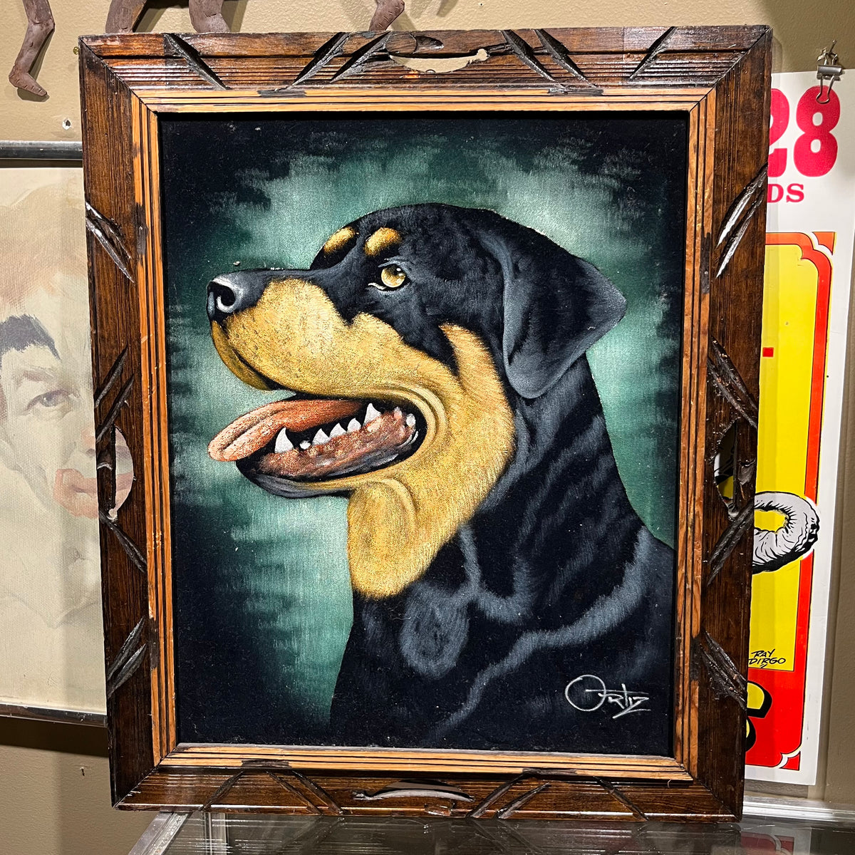 Vintage black velvet Rottweiler painting.